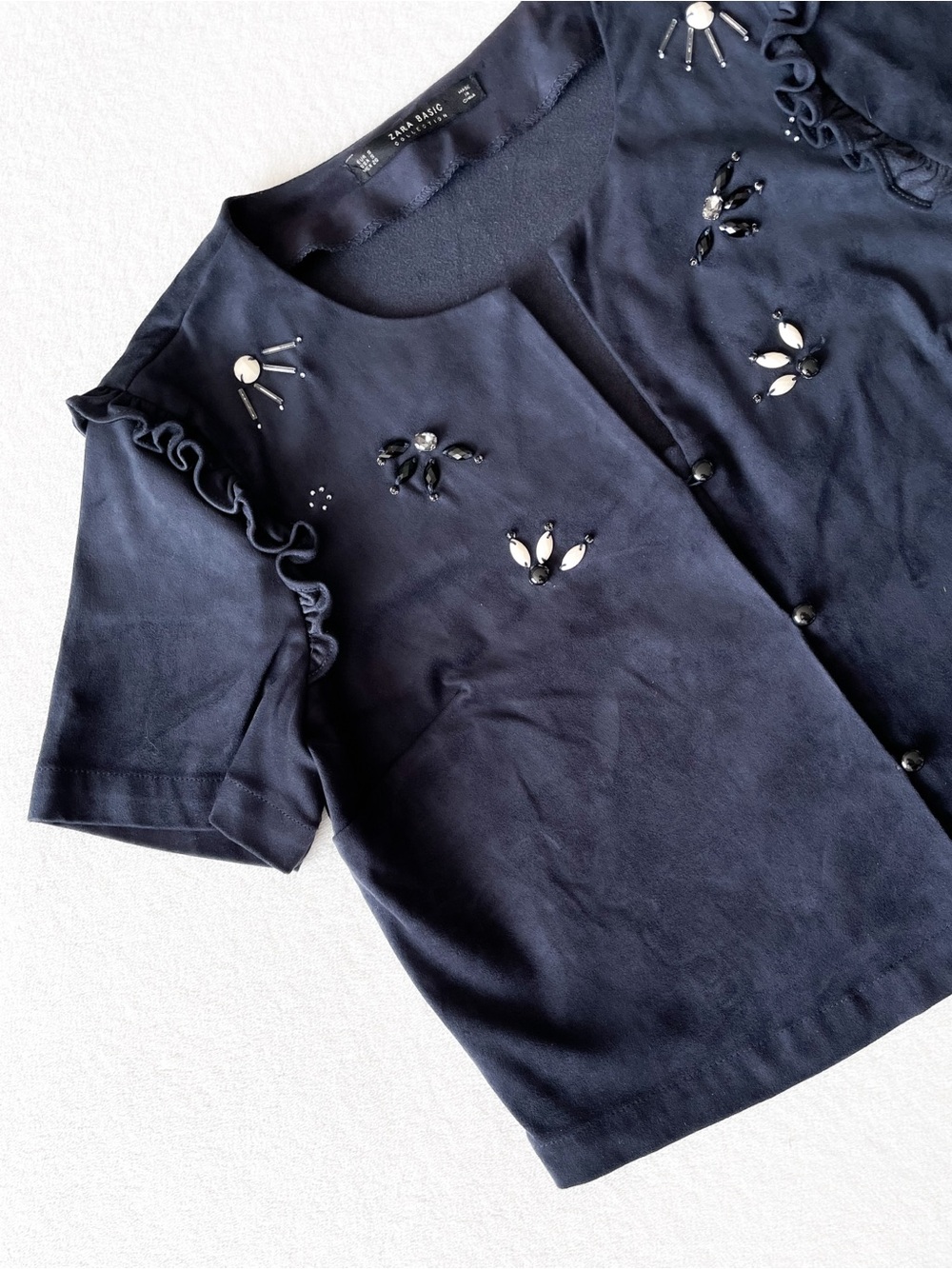 Zara Navy Short Sleeve Top with Bead Embellishments